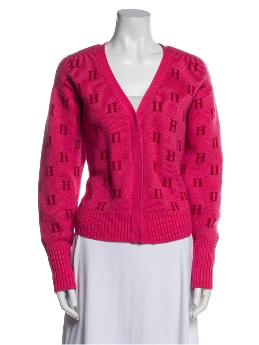 NWOT 11 Honore Hot Pink Monogram V-Neck Cardigan